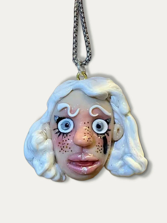 Kebarro Handmade Ugly Doll Necklace with White Short Hair and Brown Freckles
