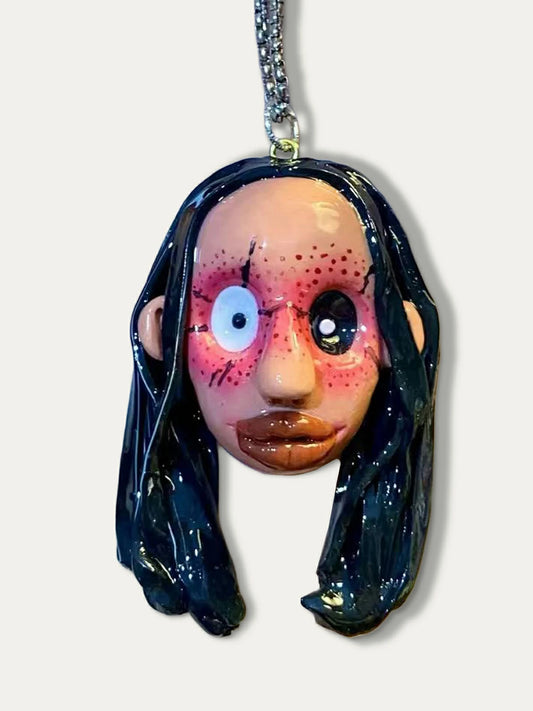 Kebarro Handmade Ugly Doll Necklace with Black Hair and Brown Lips