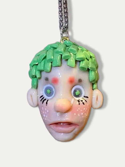 Kebarro Colorful Clown Polymer Clay Necklace with Green Short Hair