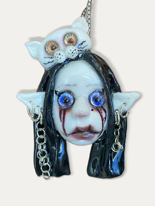 Kebarro Black Hair Cat Ear Chains Face Doll Clay Necklace