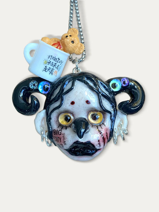Kebarro Black Hair Coffee Cup Cute Girl Clay Necklace