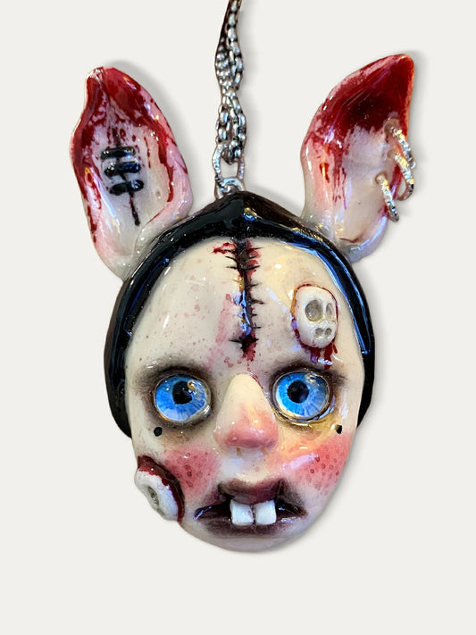 Kebarro Blue Eyes Bunny Ear Weird Doll Clay Necklace