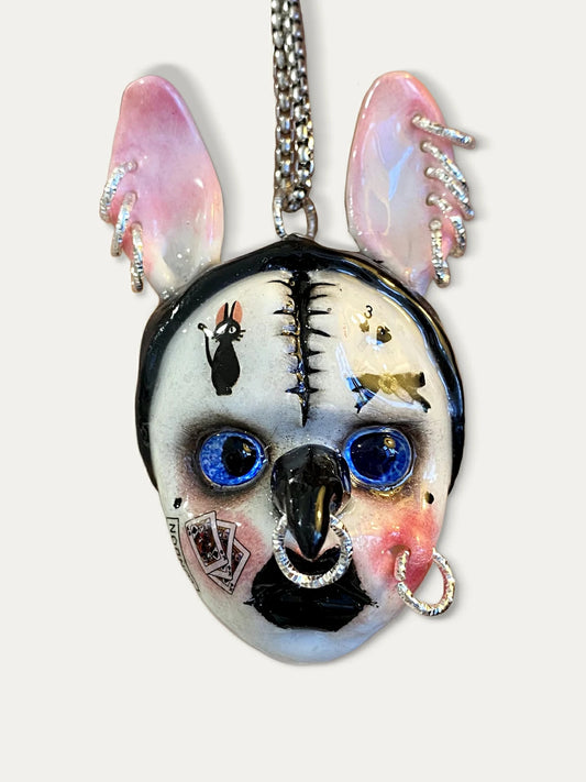 Kebarro Blue Eyes Large Ears Cat On Face Weird Doll Clay Necklace