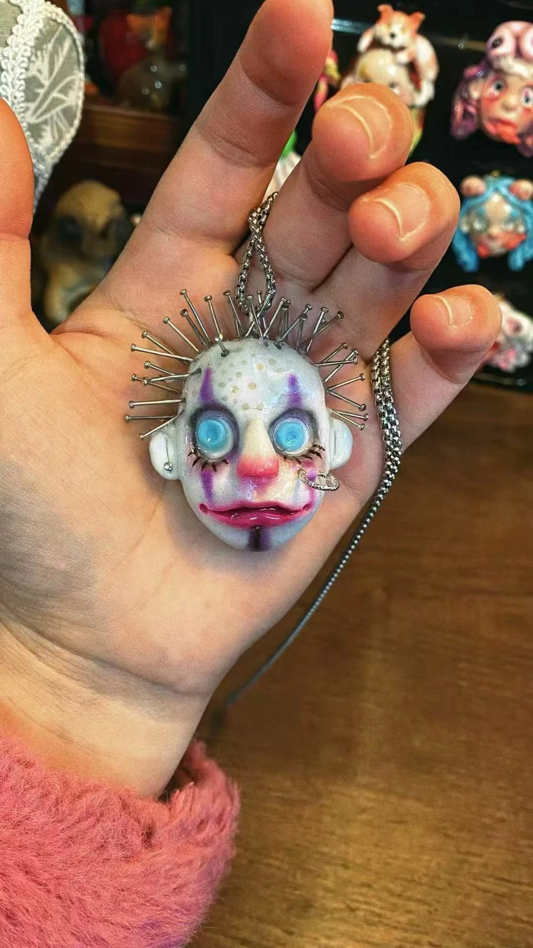 Kebarro Blue Eyes Nail Hair Face Crazy Weird Clay Necklace