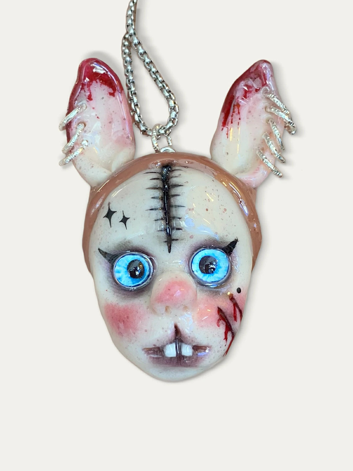 Kebarro Stiched Ears Rabbit teeth Incisors Multicolor Eyes Face Clay Necklace