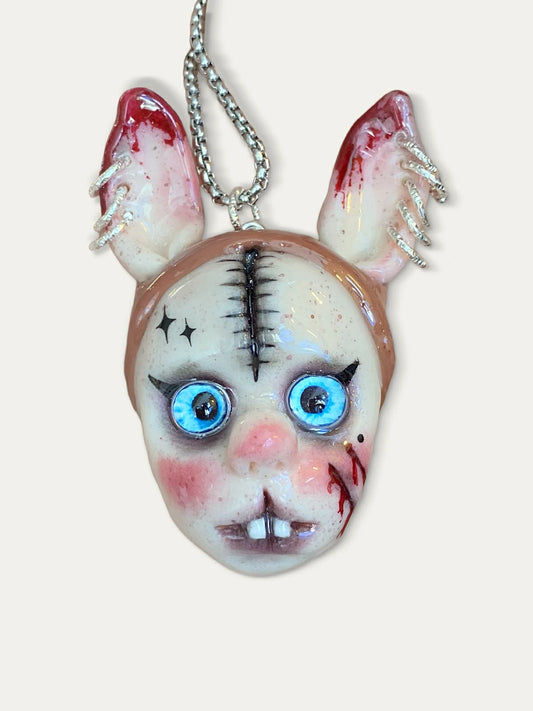 Kebarro Stiched Ears Rabbit teeth Incisors Multicolor Eyes Face Clay Necklace