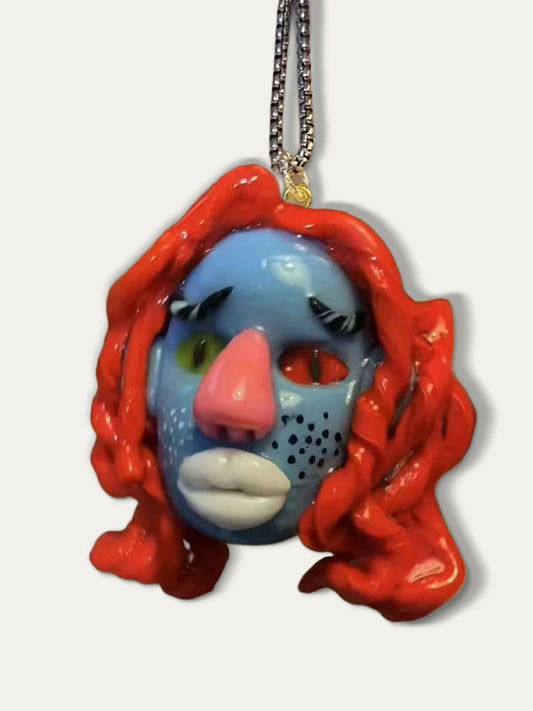 Kebarro Handmade Blue Face Red Hair Ugly Doll Clay Necklace