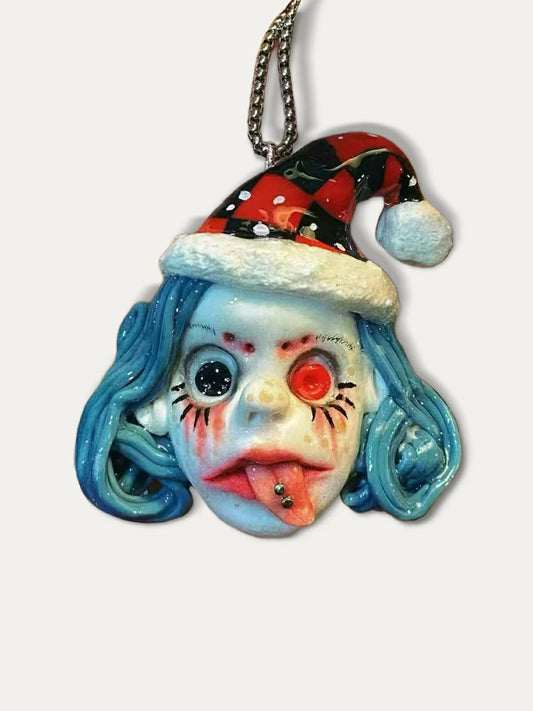 Kebarro Blue Hair Santa Hat Bizarre Doll Clay Necklace