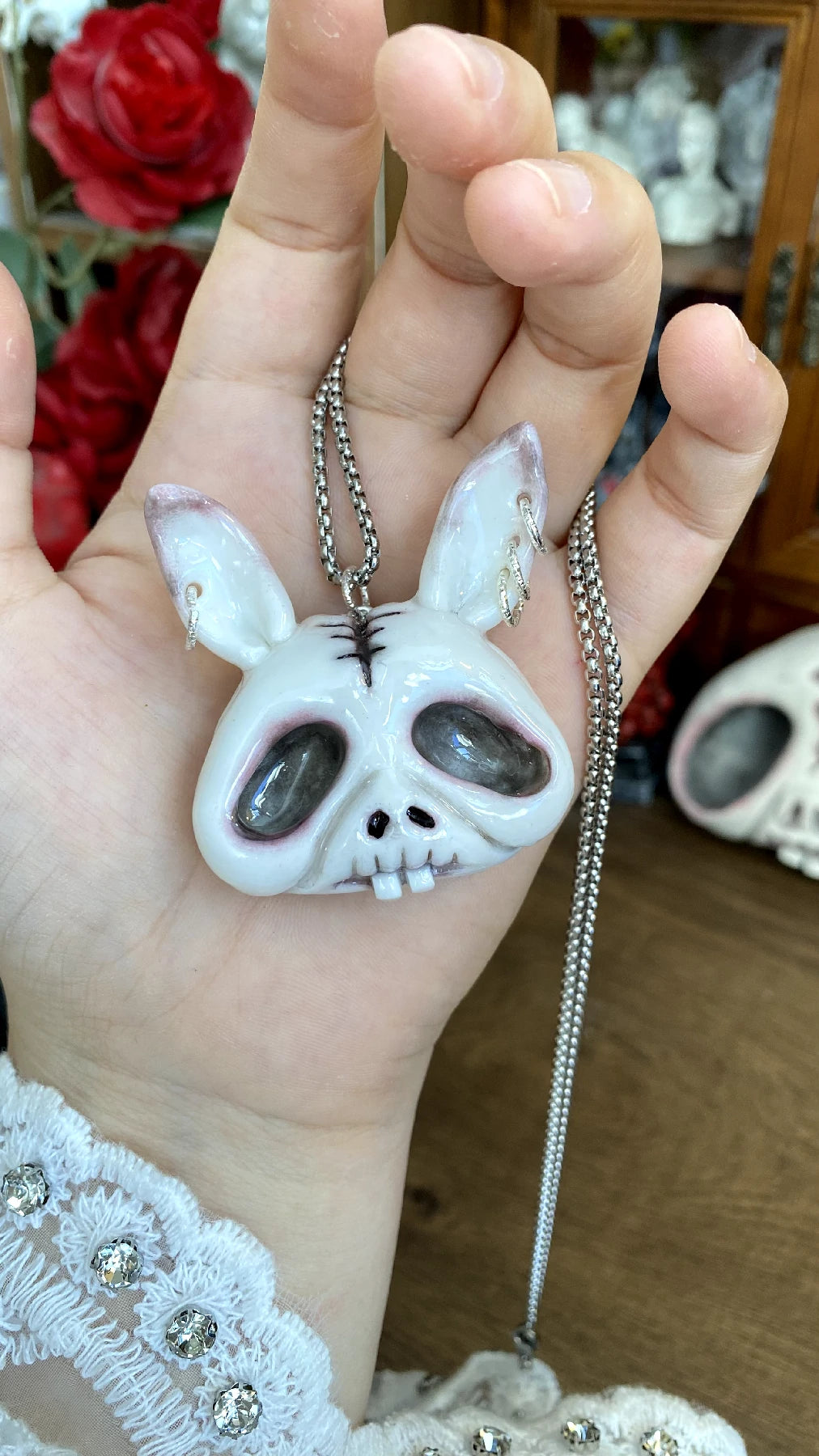Kebarro Bunny Skull Pink Fringe Ear Clay Necklace