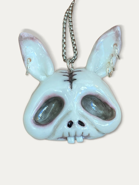 Kebarro Bunny Skull Pink Fringe Ear Clay Necklace