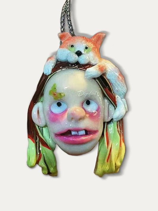 Kebarro Cat On Head Butterfly On Face Bizarre Doll Clay Necklace
