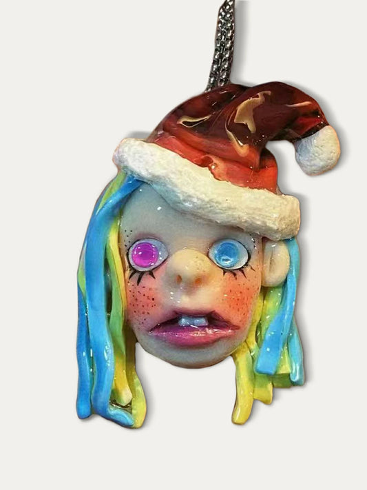 Kebarro Blue Yellow Hair Santa Hat Bizarre Doll Clay Necklace