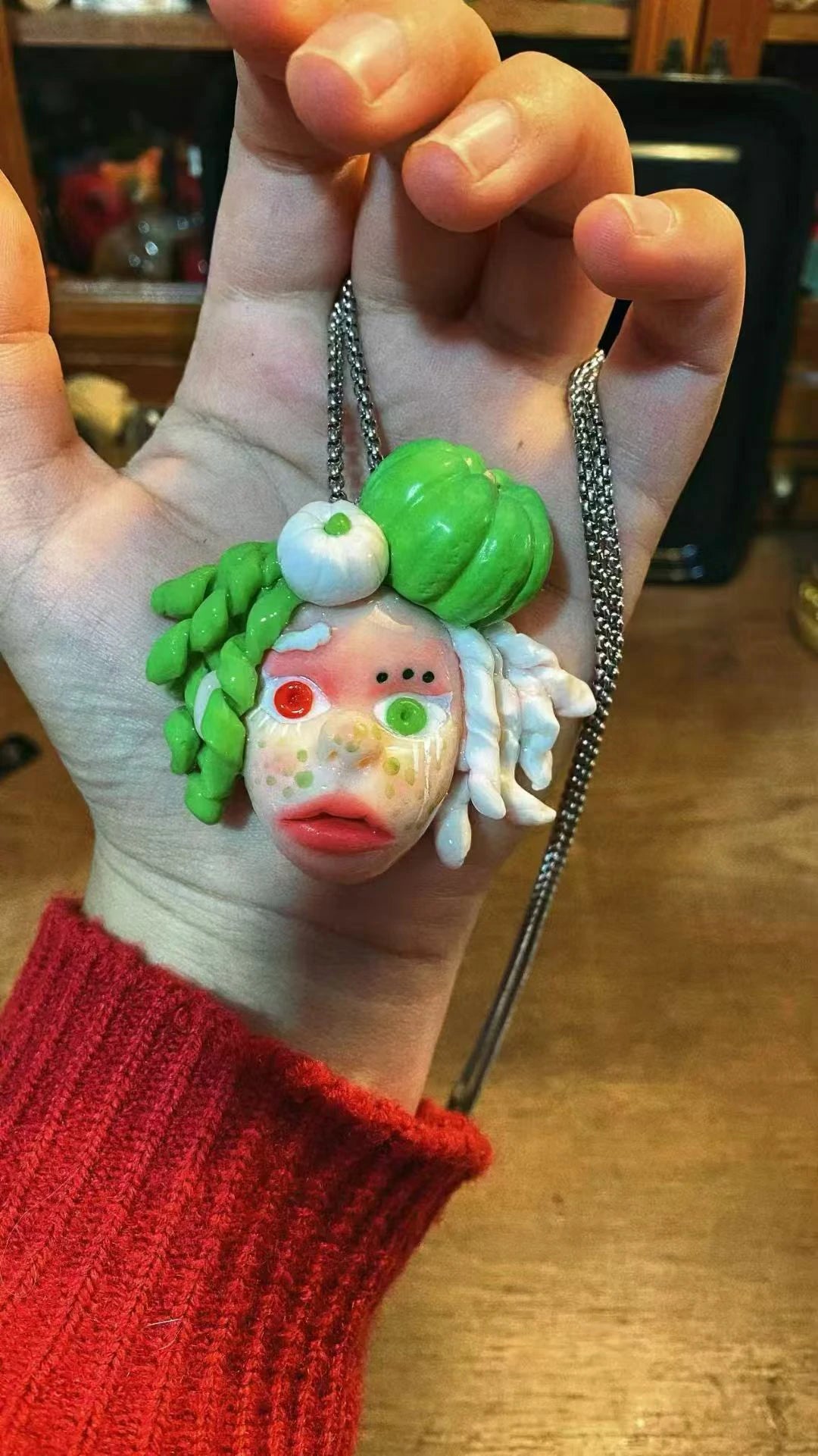 Kebarro Green And Write Hair With Cyan Pumpkin Handmade Doll Clay Necklace