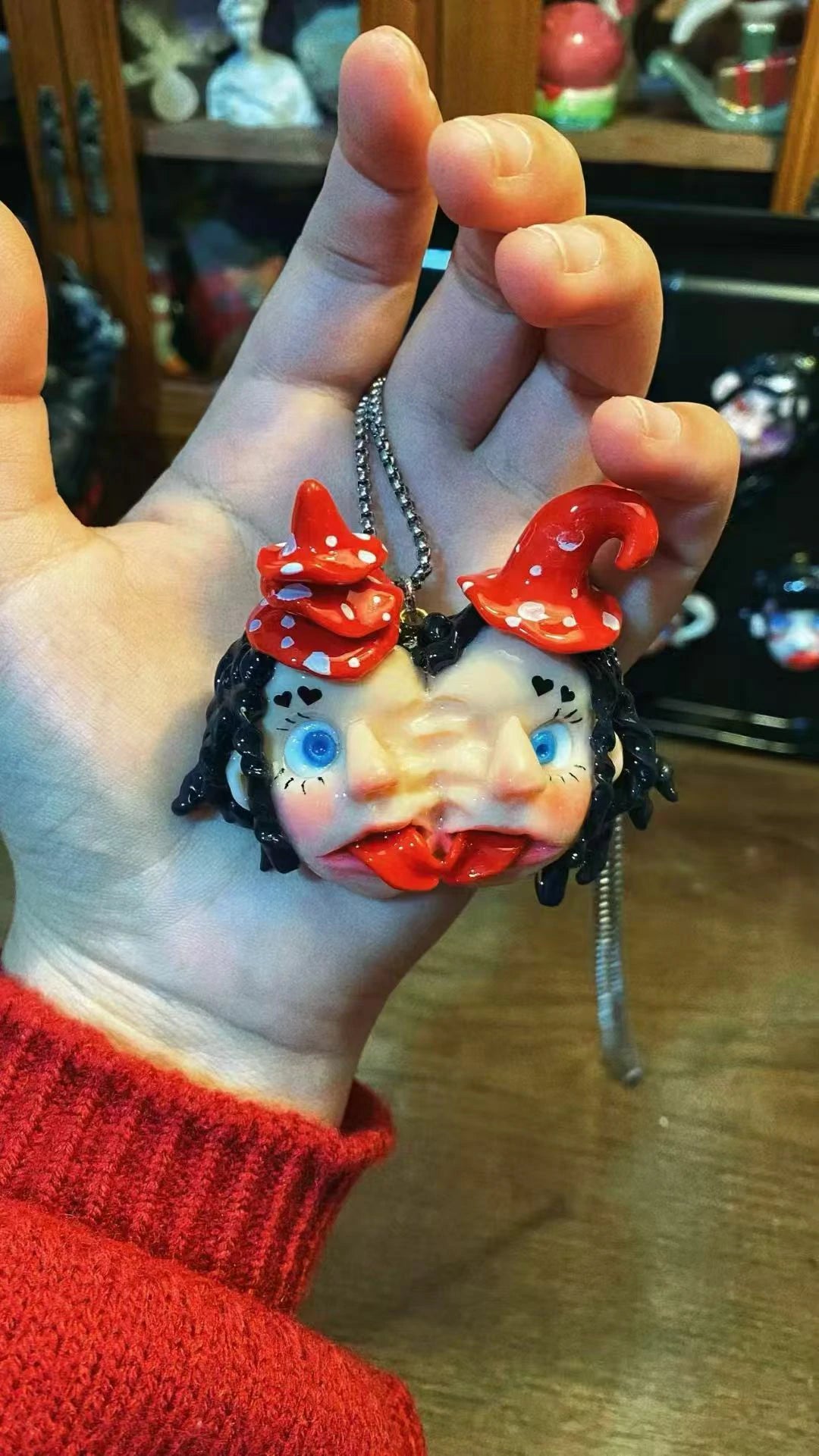Kebarro Double Red Hat Nail Blue Eyes witch Clay Necklace