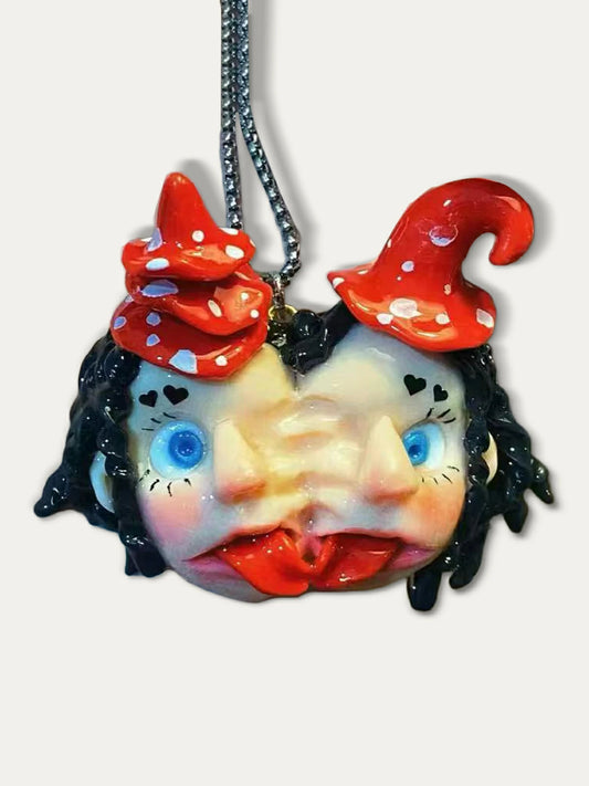 Kebarro Double Red Hat Nail Blue Eyes witch Clay Necklace