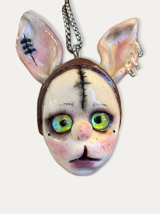 Kebarro Green Eyes Stitch Ears Cute Weird Doll Clay Necklace