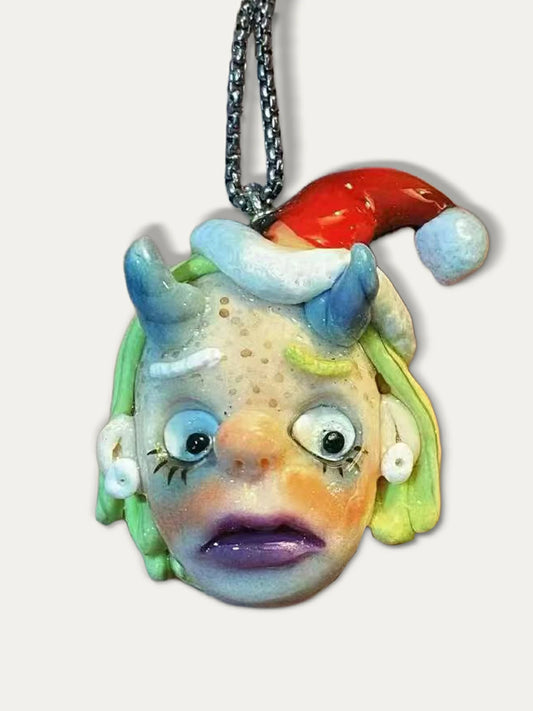 Kebarro Hair Blue Horns Santa ogre Bizarre Doll Clay Necklace