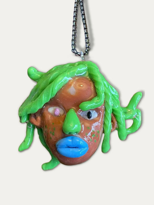 Kebarro Blue Lips Green Hair Ugly Doll Clay Necklace