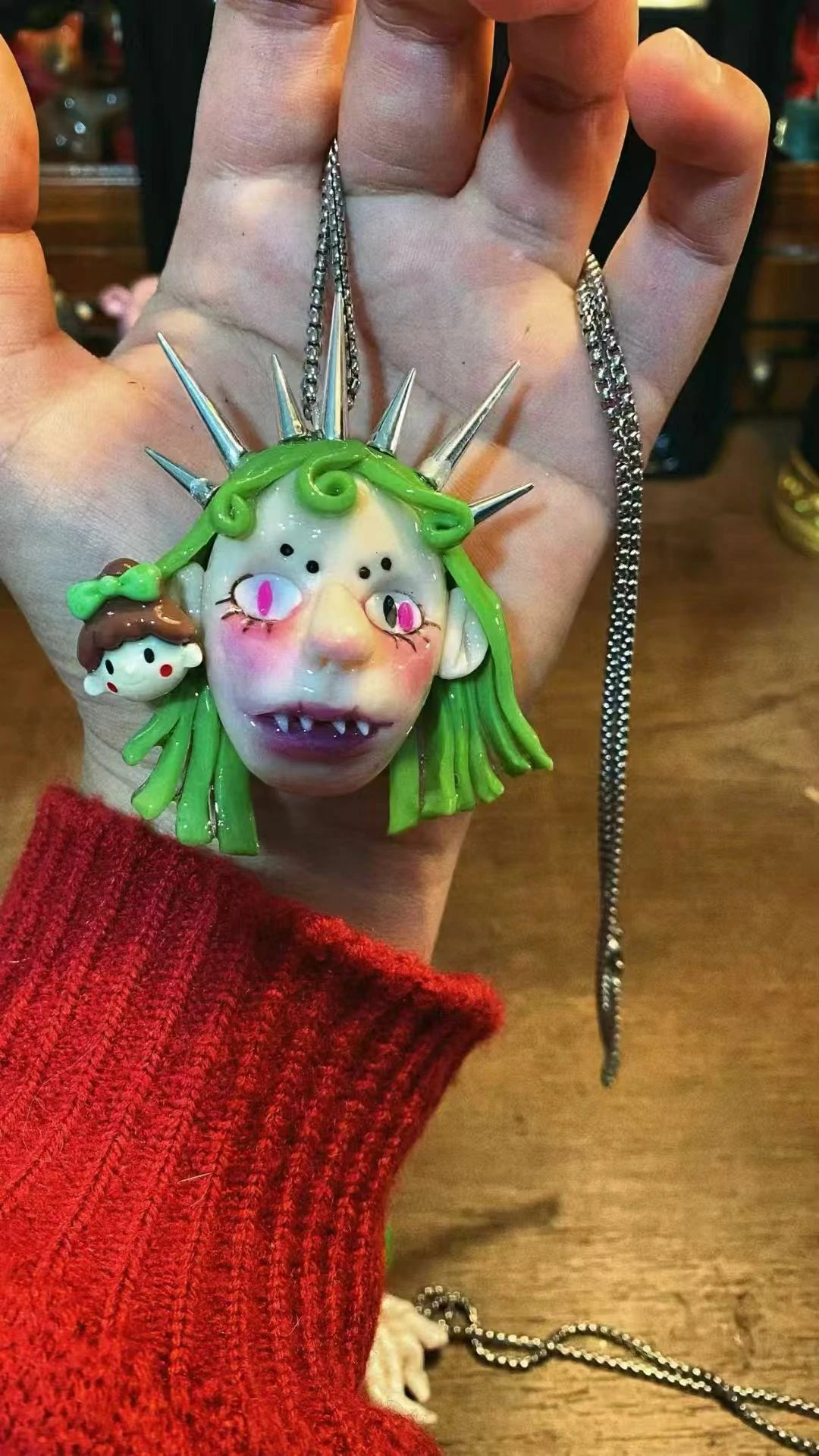 Kebarro Green Hair Spiky Horns Bizarre guard Doll Clay Necklace