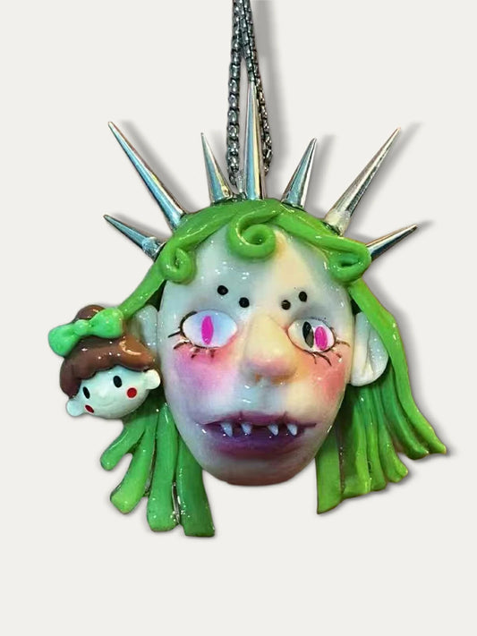 Kebarro Green Hair Spiky Horns Bizarre guard Doll Clay Necklace
