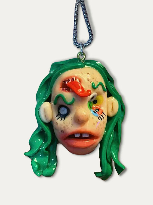 Kebarro green haired face handmade Clay Necklace