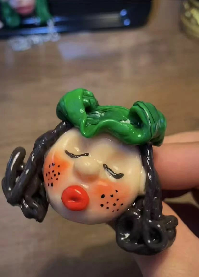 Kebarro Handmade Green Hat Kissing Face Cute Doll Clay Necklace