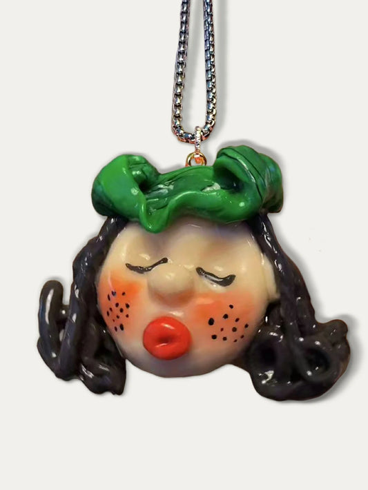 Kebarro Handmade Green Hat Kissing Face Cute Doll Clay Necklace