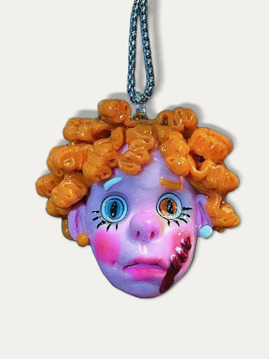 Kebarro Orange Curly Hair Tearful Face Weird Guardian Clay Necklace