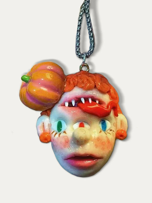 Kebarro Orange Hair Pumpkin Forehead Mouth Handmade Weird Doll Clay Necklace