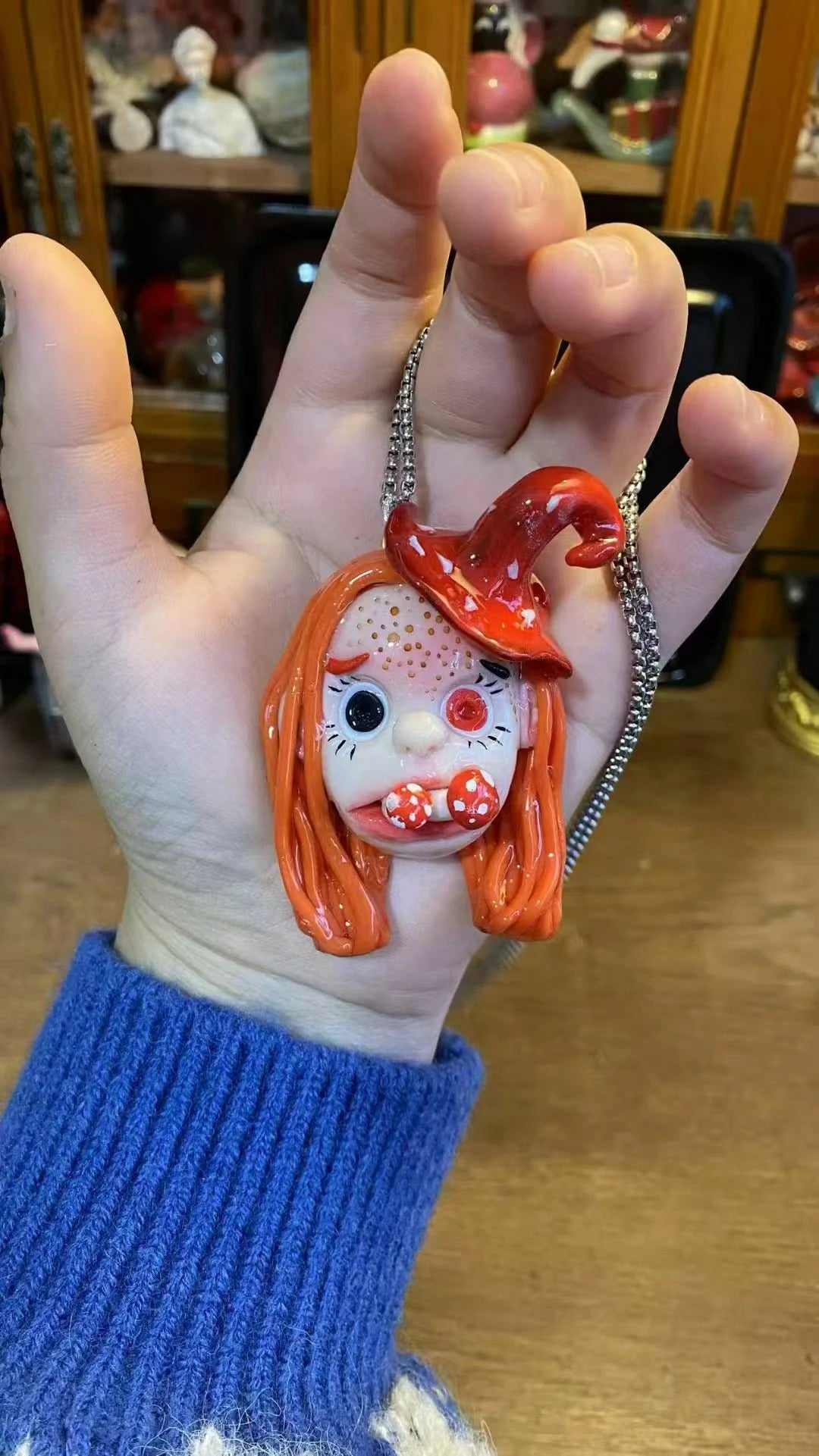 Kebarro Orange Hair Witch Hat Mushroom Handmade Weird Doll Clay Necklace