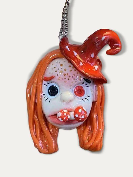 Kebarro Orange Hair Witch Hat Mushroom Handmade Weird Doll Clay Necklace