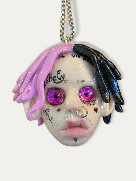 Kebarro Pink And Black Hair With Pink Eyes Clay Necklace