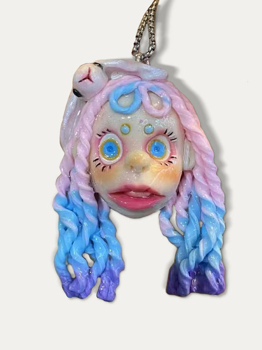 Kebarro Pink Blue Hair Fantasy Girl Handmade Doll Clay Necklace