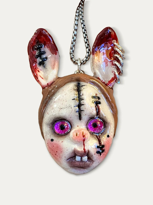 Kebarro Pink Eyes Bunny Stitches Doll Clay Necklace
