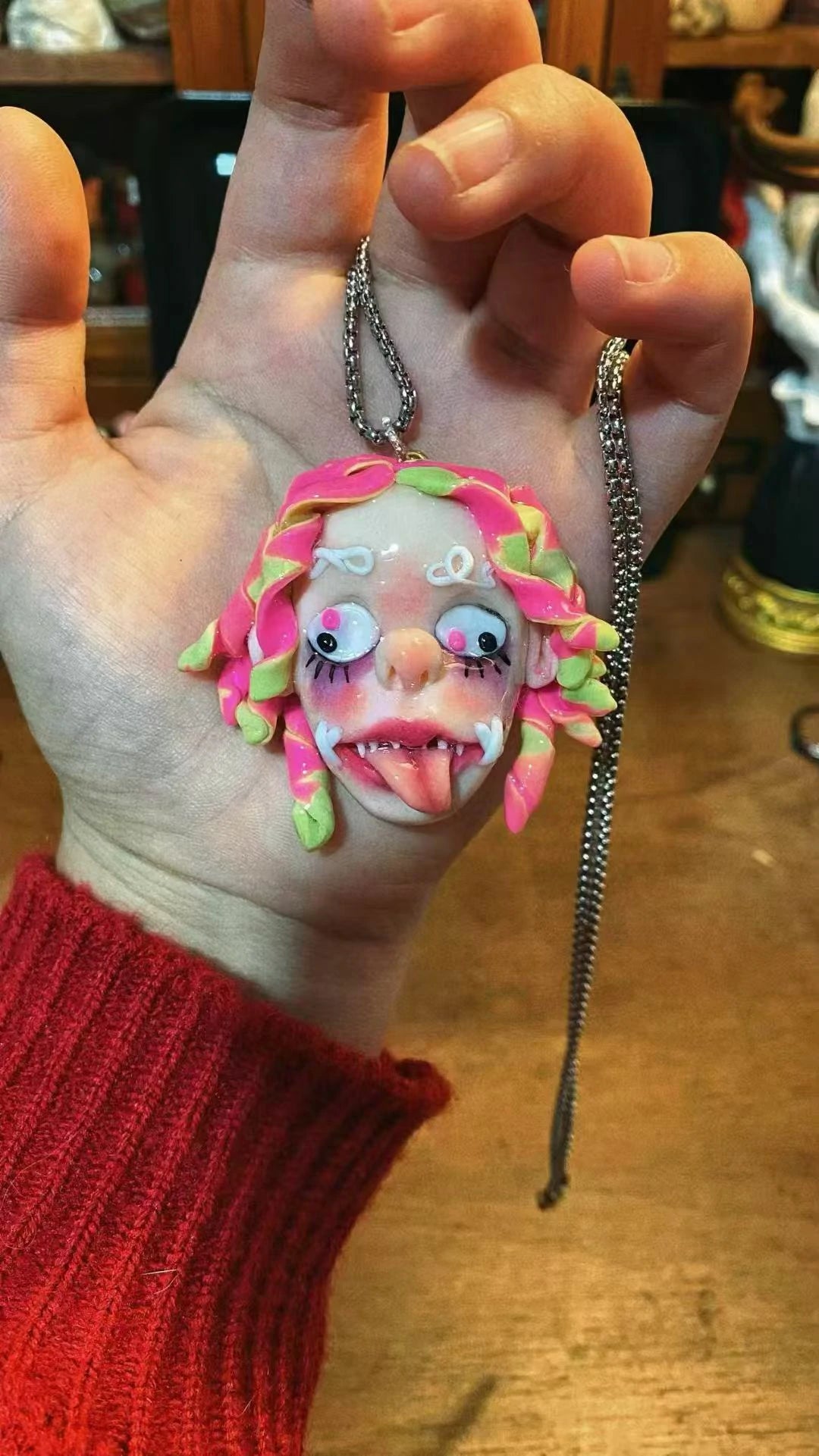 Kebarro Pink Green Roll Hair Bizarre Doll Clay Necklace