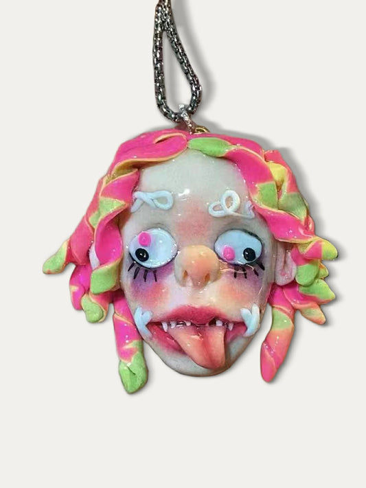 Kebarro Pink Green Roll Hair Bizarre Doll Clay Necklace