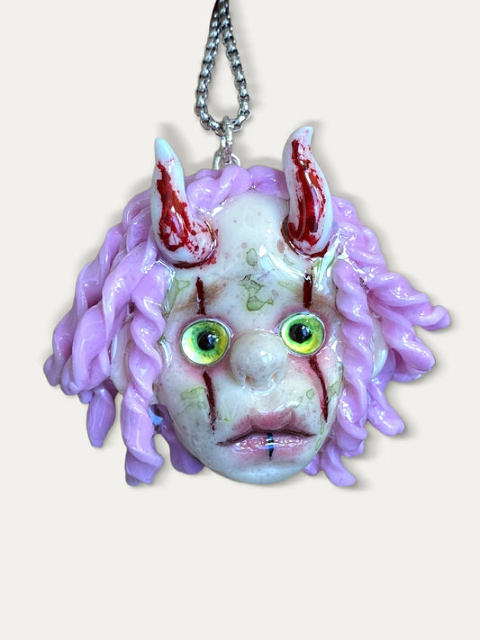 Kebarro Pink Purple Hair Horned Face Doll Clay Necklace