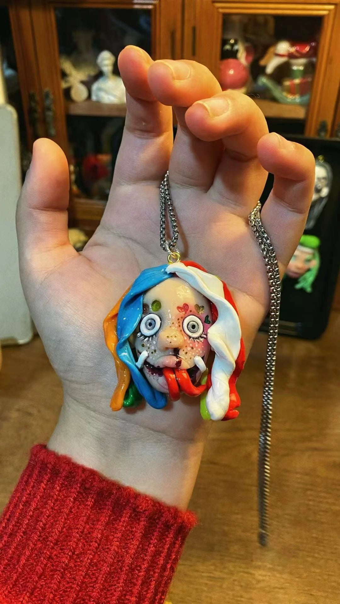 Kebarro Rainbow Hair Long Tongue Ugly Doll Clay Necklace