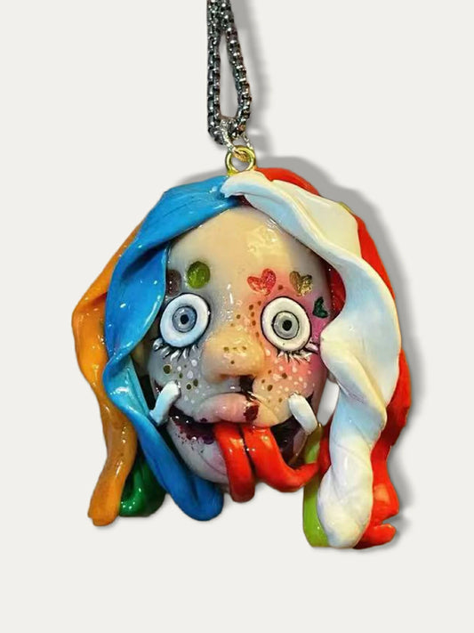 Kebarro Rainbow Hair Long Tongue Ugly Doll Clay Necklace