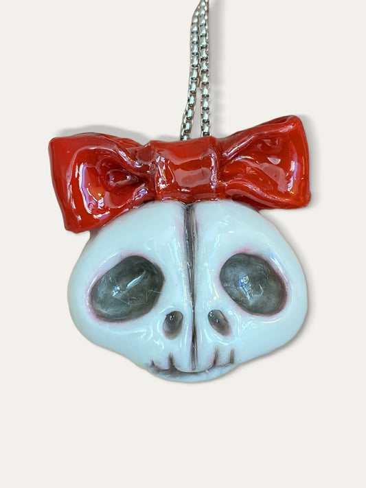Kebarro Red Bow Skull Pendant Clay Necklace