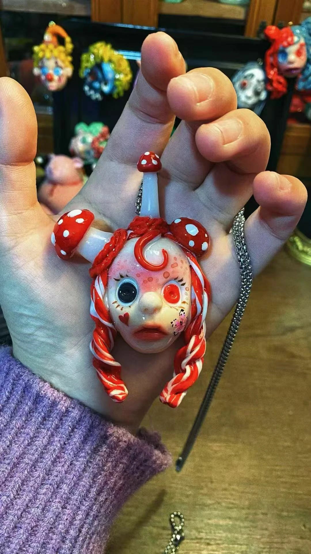 Kebarro Red Braided Mushroom fantasy Girl Doll Clay Necklace