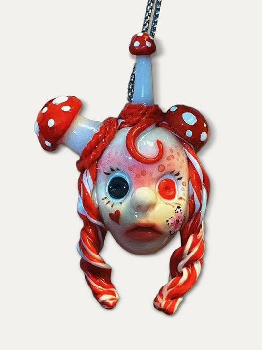 Kebarro Red Braided Mushroom fantasy Girl Doll Clay Necklace