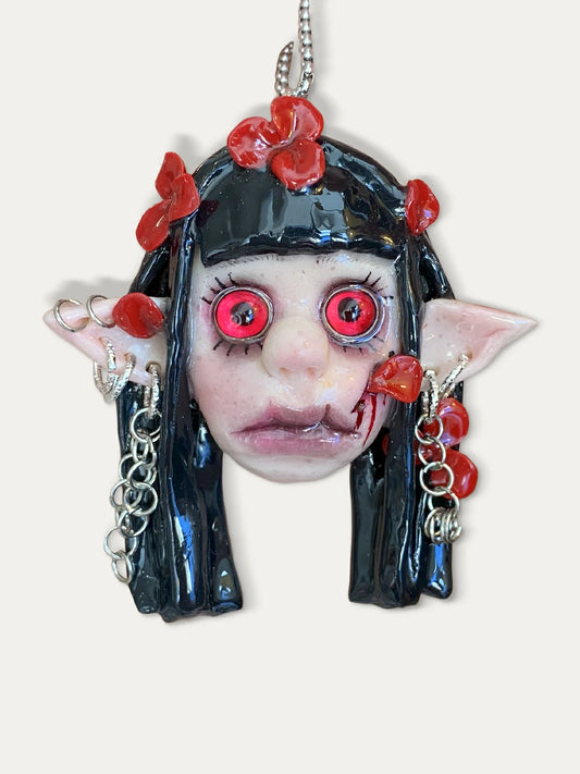 Kebarro Red Eyes Flower Adorned Elf Doll Clay Necklace