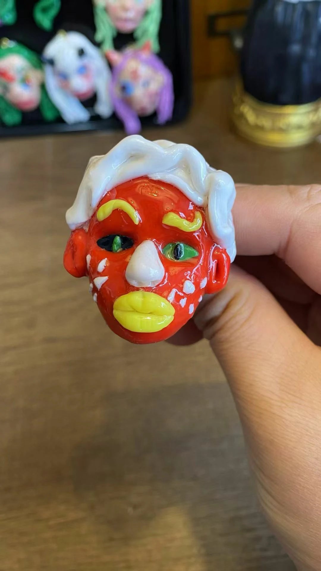 Kebarro Handmade White Nose Red Face Ugly Doll Clay Necklace