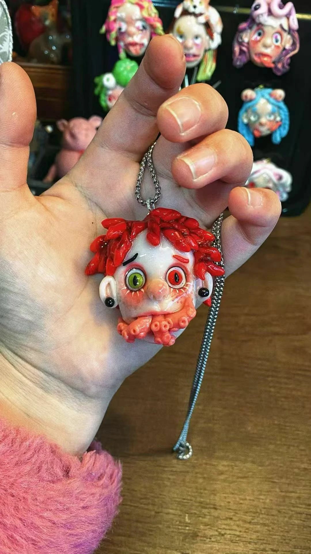 Kebarro Red Hair Bicolor Eyes Tentacle Doll Weird Clay Necklace