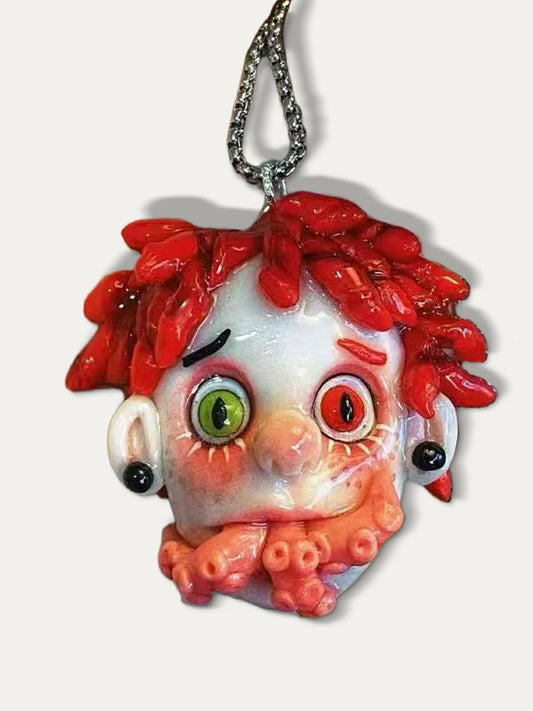 Kebarro Red Hair Bicolor Eyes Tentacle Doll Weird Clay Necklace