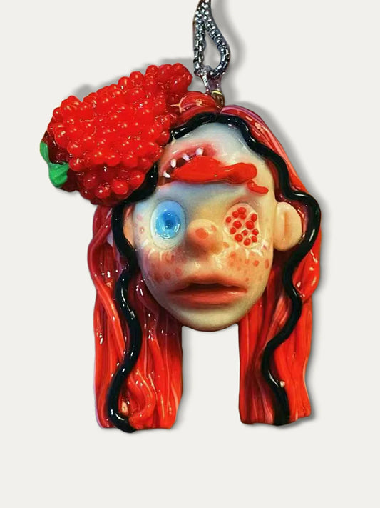 Kebarro Red Hair With Raspberry hat Blue Eye Weird Face Handmade Doll Clay Necklace