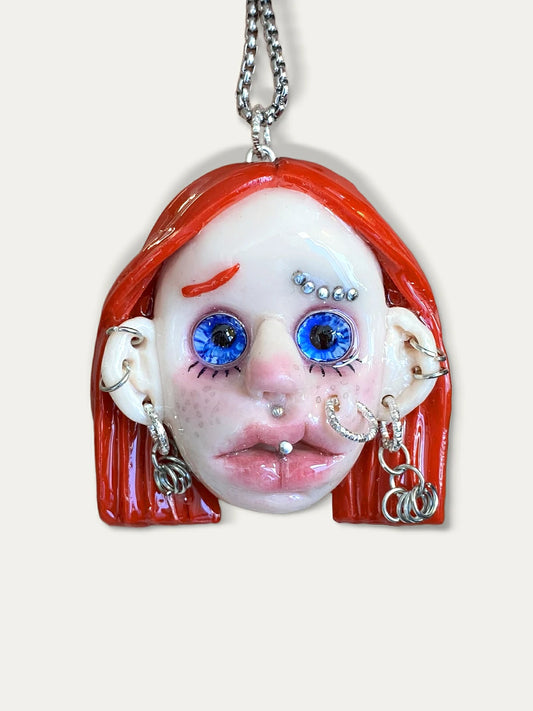 Kebarro Red Hair Blue Eyes Pierced Doll Clay Necklace