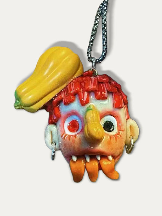 Kebarro Red Hair Cantaloupe Weird Face Handmade Doll Clay Necklace