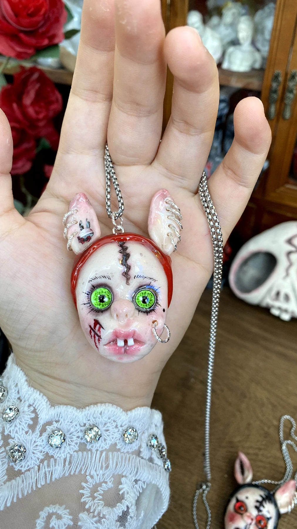 Kebarro Red Hair Green Eyes Weird Ear Clay Necklace